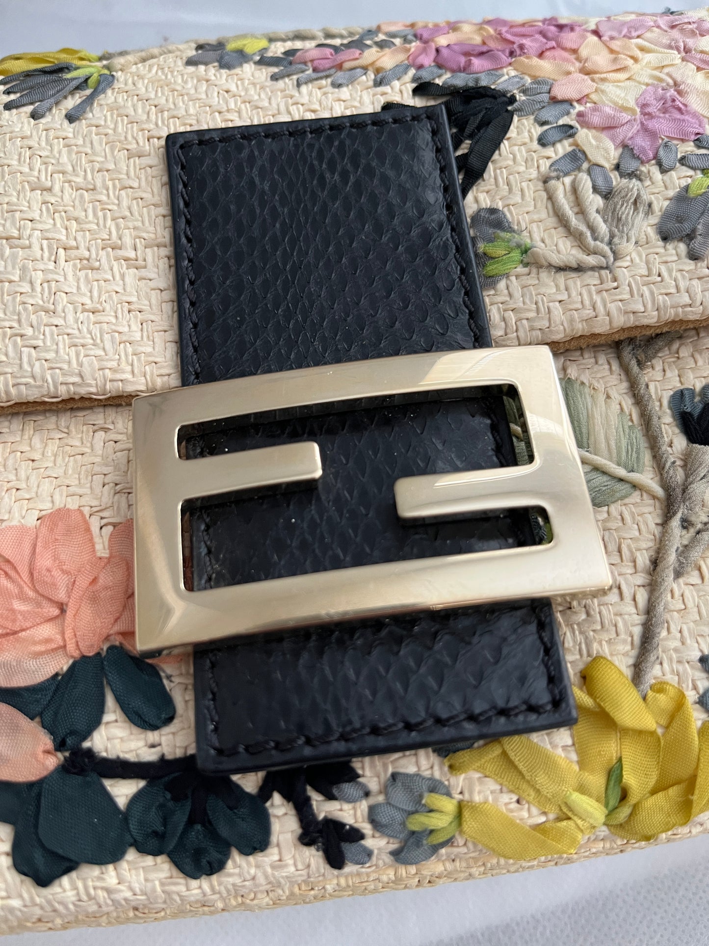 Fendi Raffia Floral Embroidered Baguette Bag
