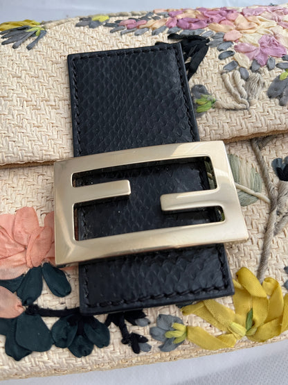 Fendi Raffia Floral Embroidered Baguette Bag
