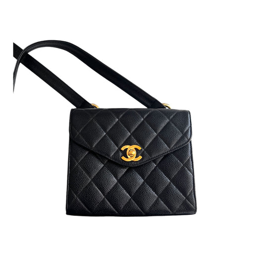 Vintage Chanel 24K gold black caviar cross body mini square flap bag