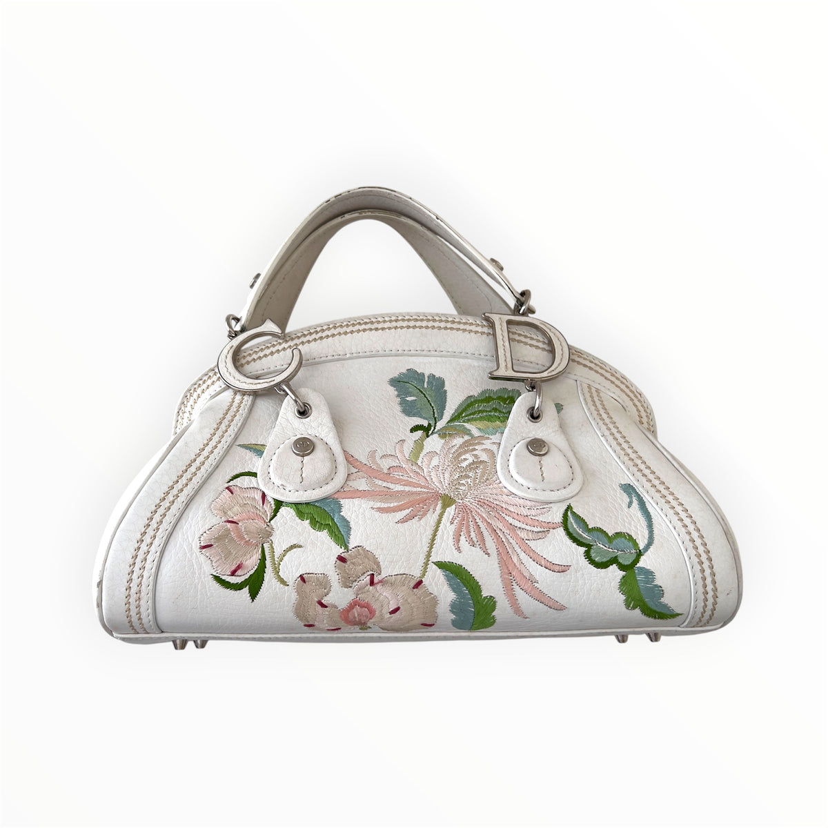 Vintage Christian Dior 2005 Floral Embroidered Detective Bowler Bag – White