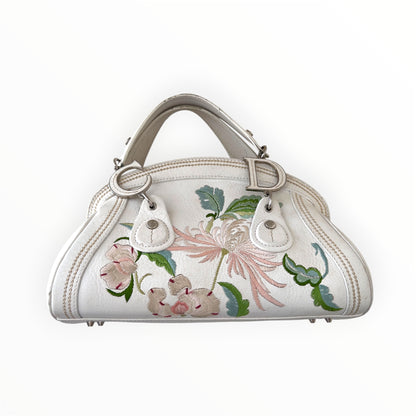 Vintage Christian Dior 2005 Floral Embroidered Detective Bowler Bag – White