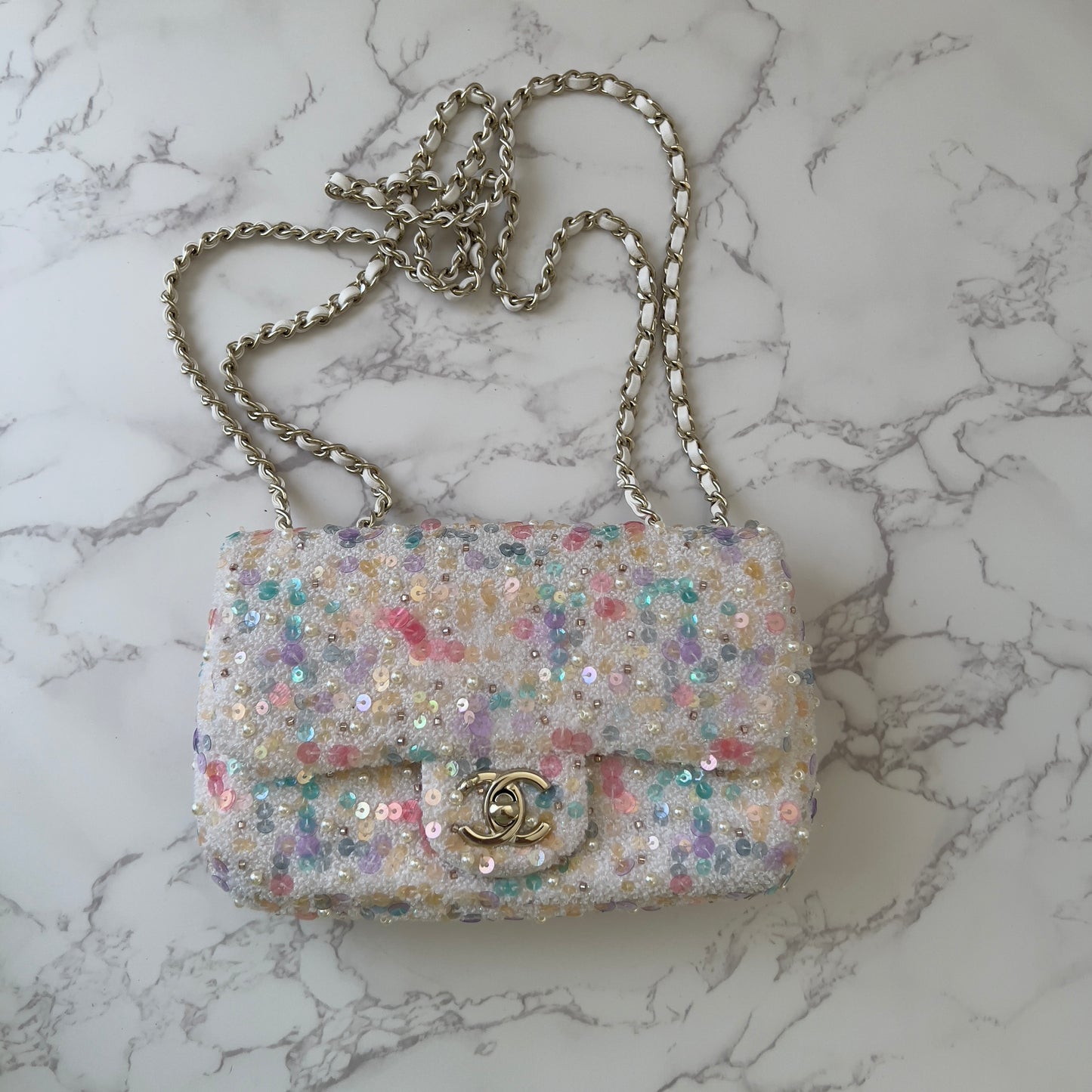 Chanel 2026 limited edition colorful sequin pearls mini rectangular flap bag
