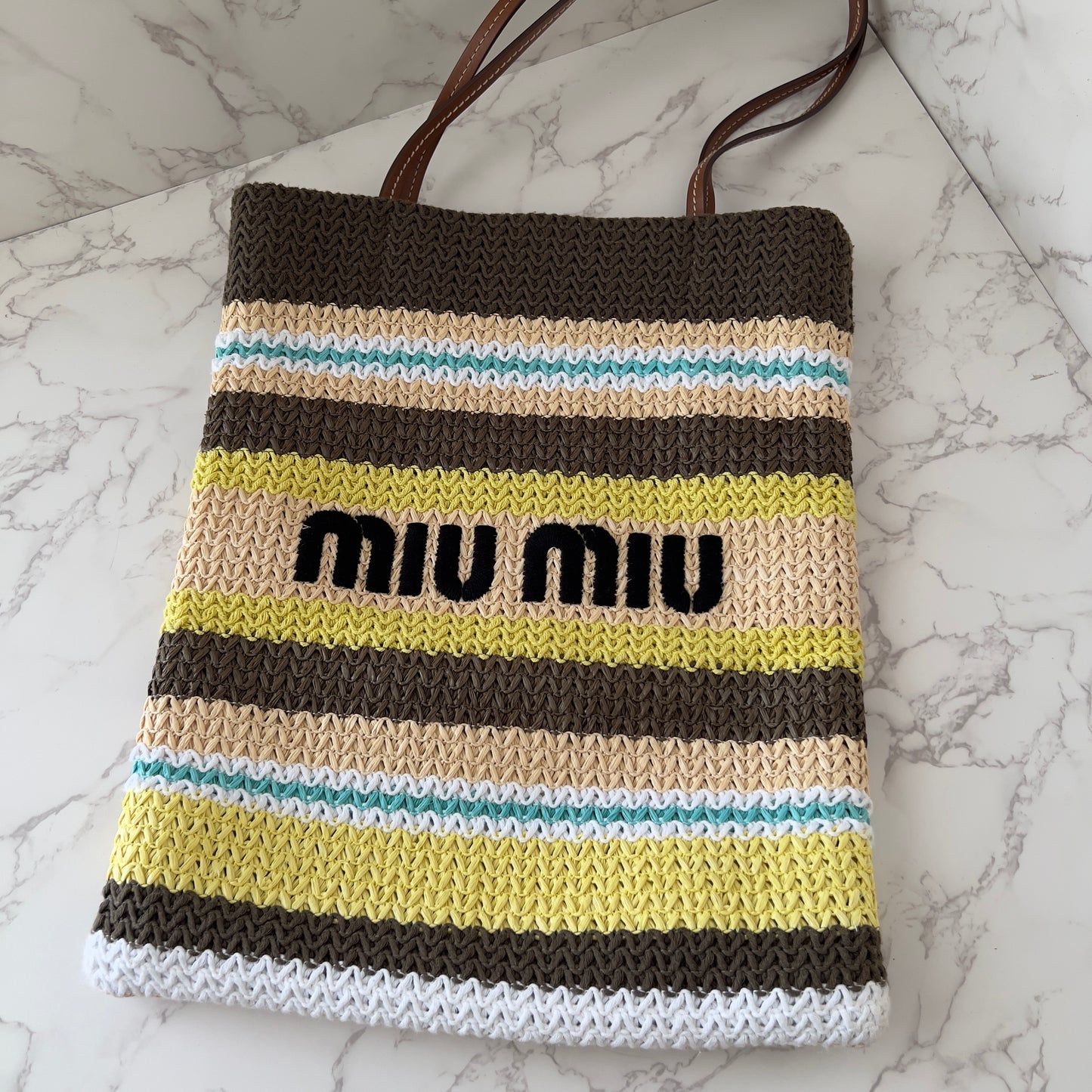 Miumiu Raffia Crochet Stripe Vertical Tote Bag Tundra Limone Natural