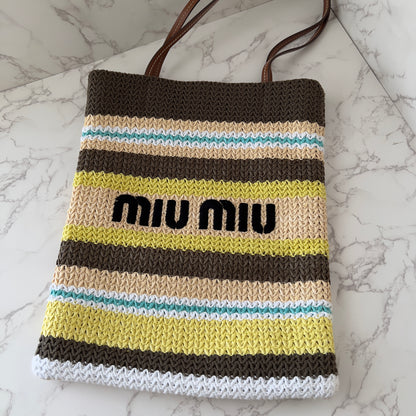 Miumiu Raffia Crochet Stripe Vertical Tote Bag Tundra Limone Natural