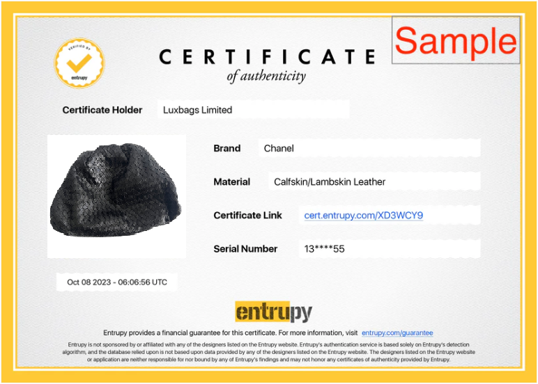 Entrupy Authentication Certificate