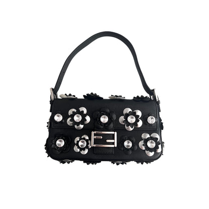 Fendi 3D flowers black leather baguette