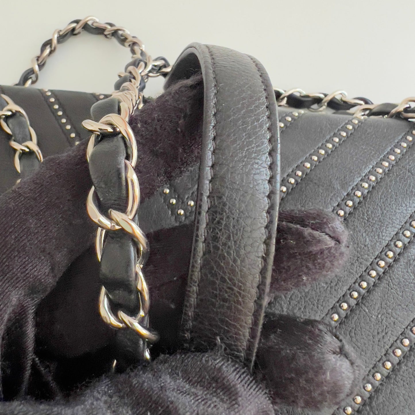 Chanel Calfskin Studded Chevron Medium Stud Wars Flap Black