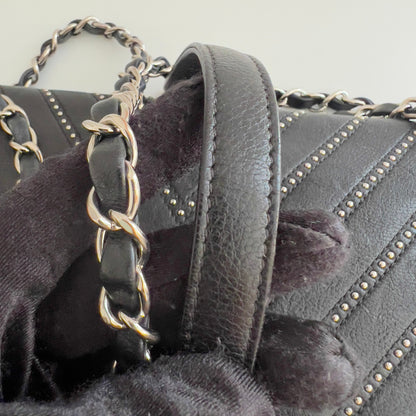 Chanel Calfskin Studded Chevron Medium Stud Wars Flap Black