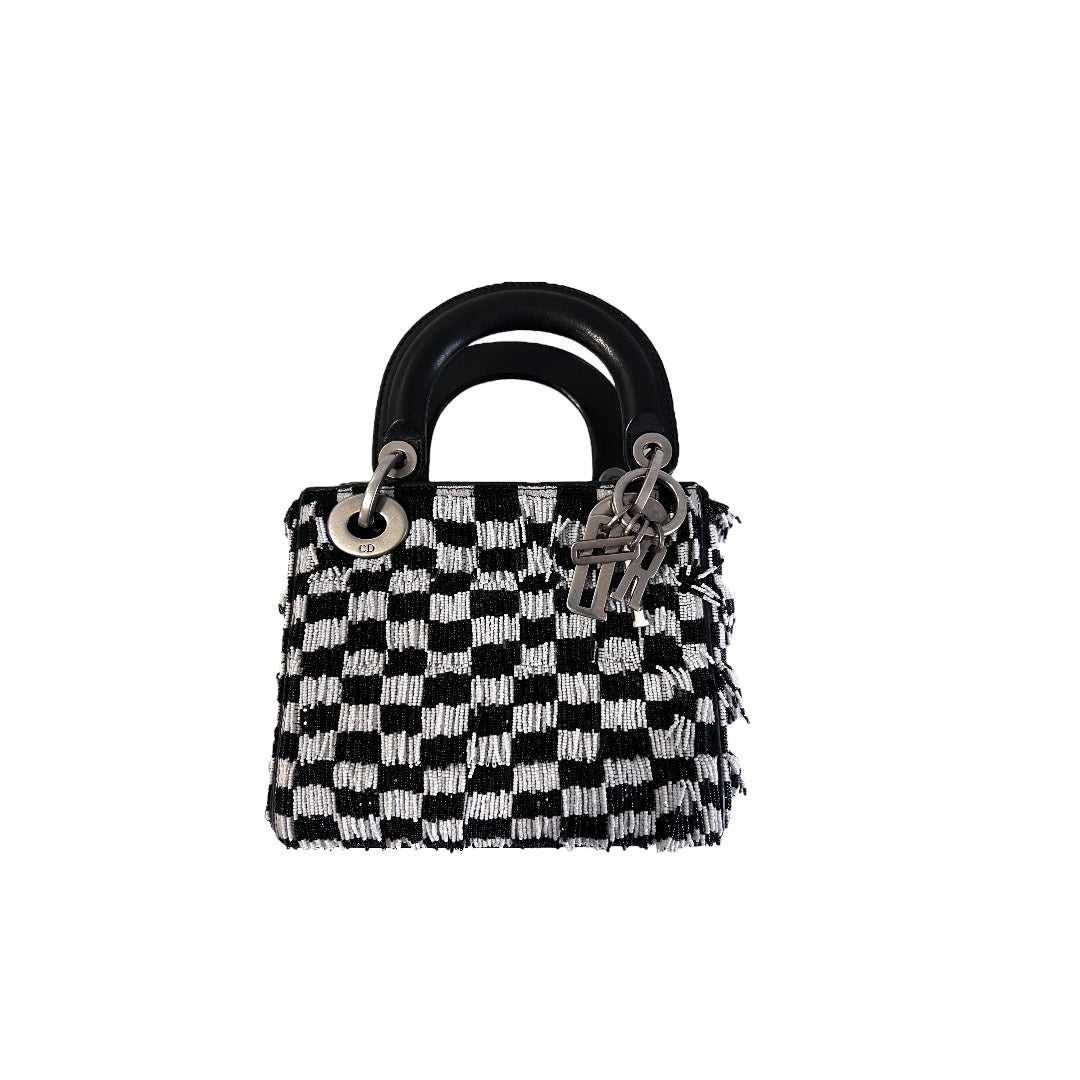 Dior fringe beaded black& white plaid lady dior bag