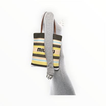 Miumiu Raffia Crochet Stripe Vertical Tote Bag Tundra Limone Natural