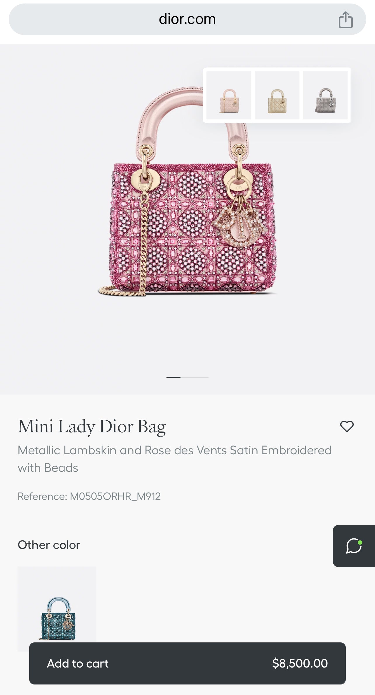Pre-loved Mini Lady Dior Bag
Metallic Lambskin and Rose des Vents Satin Embroidered with Beads