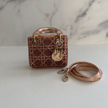 Dior Metallic Rose Beaded Cannage Micro Ladydior bag