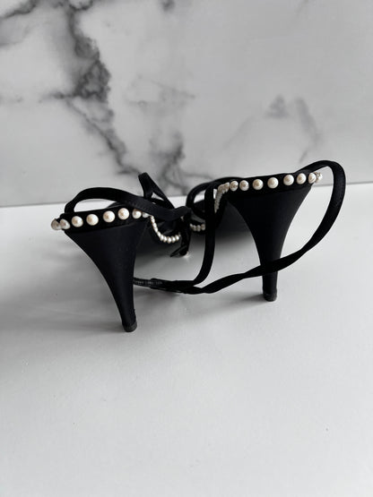 Chanel black satin pearl embellished ankle wrap heels