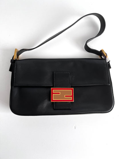 Fendi black leather enamel buckle baguette