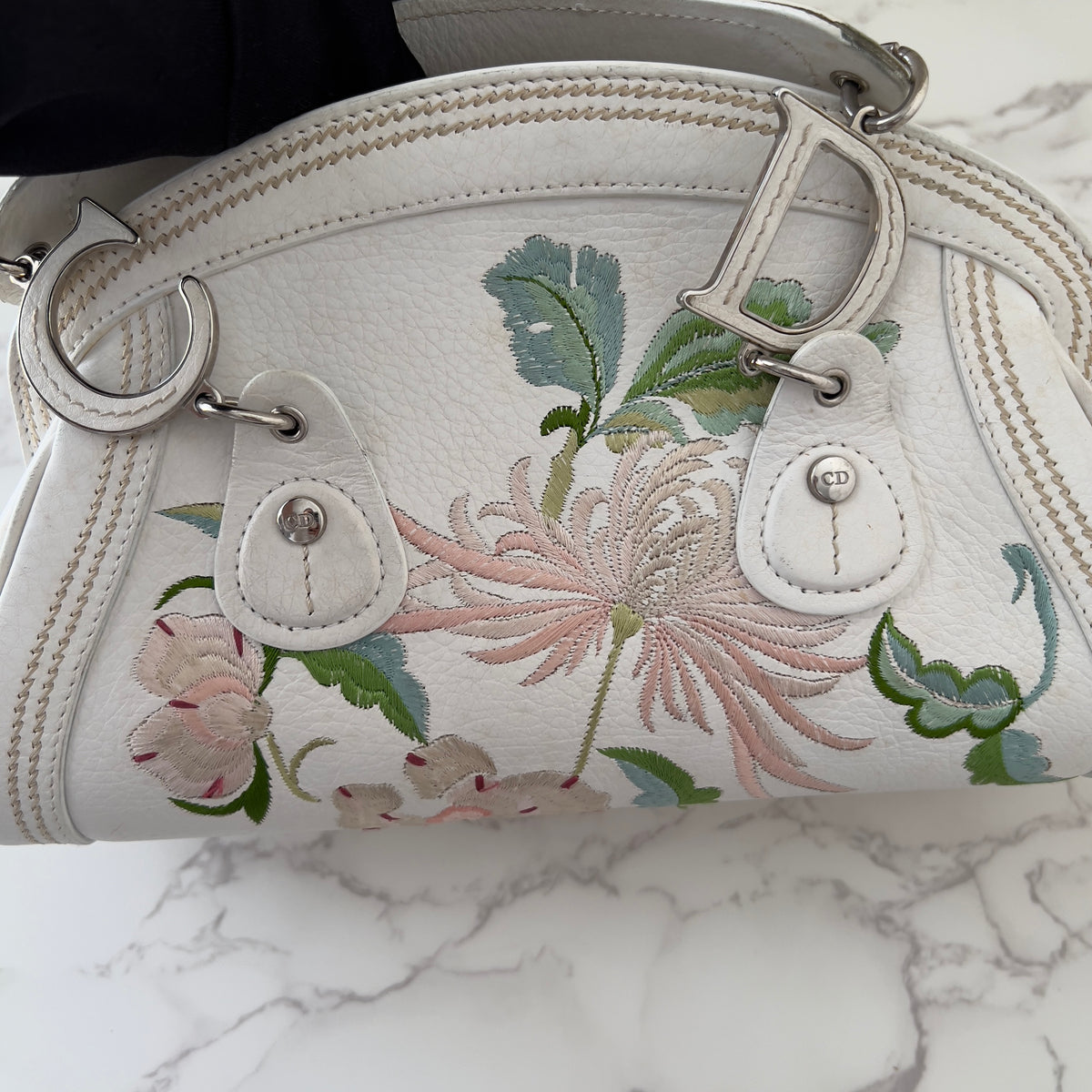 Vintage Christian Dior 2005 Floral Embroidered Detective Bowler Bag – White