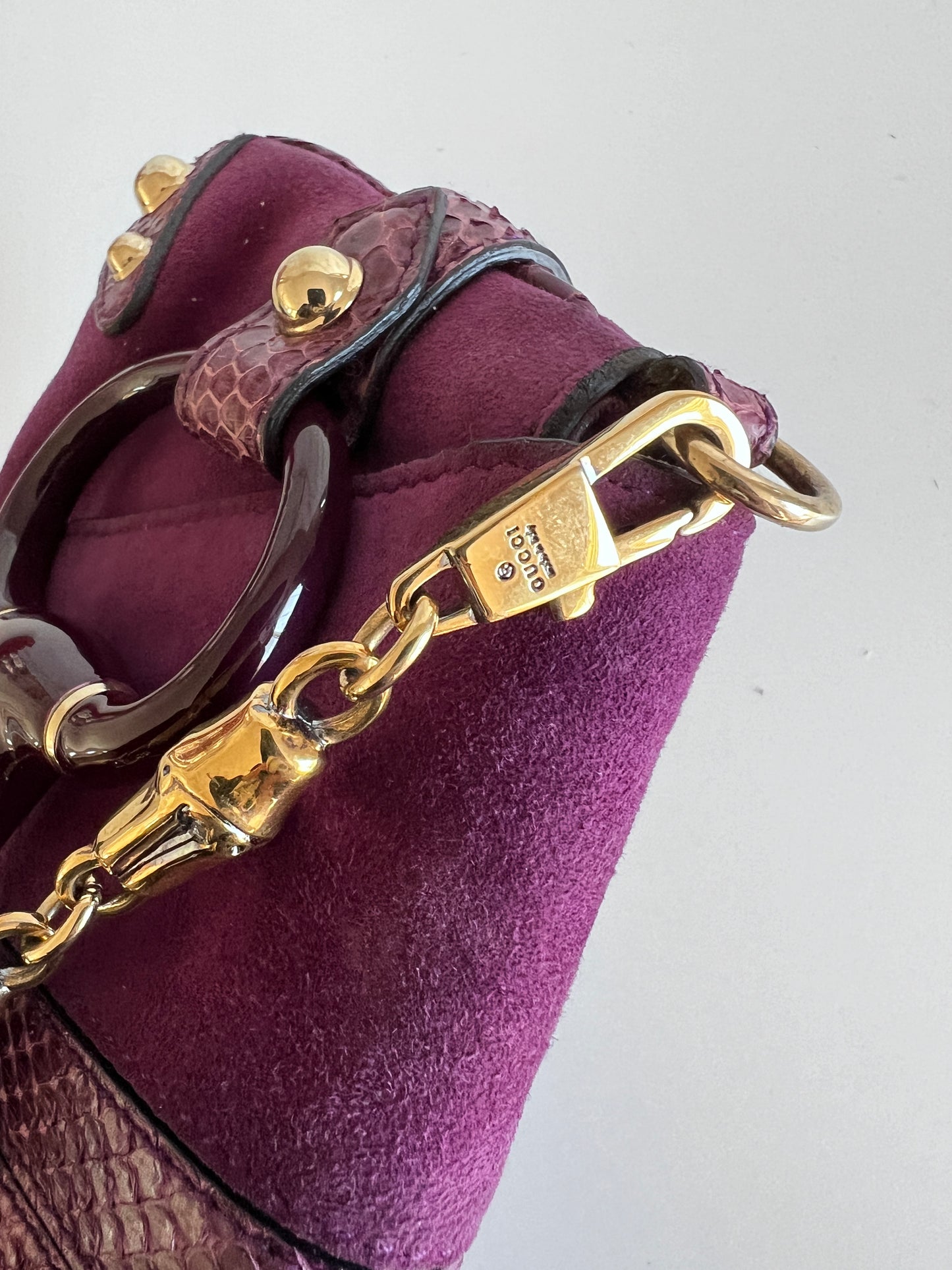 Gucci purple python skin trimmed suede enamel horsebit bag by Tom Ford