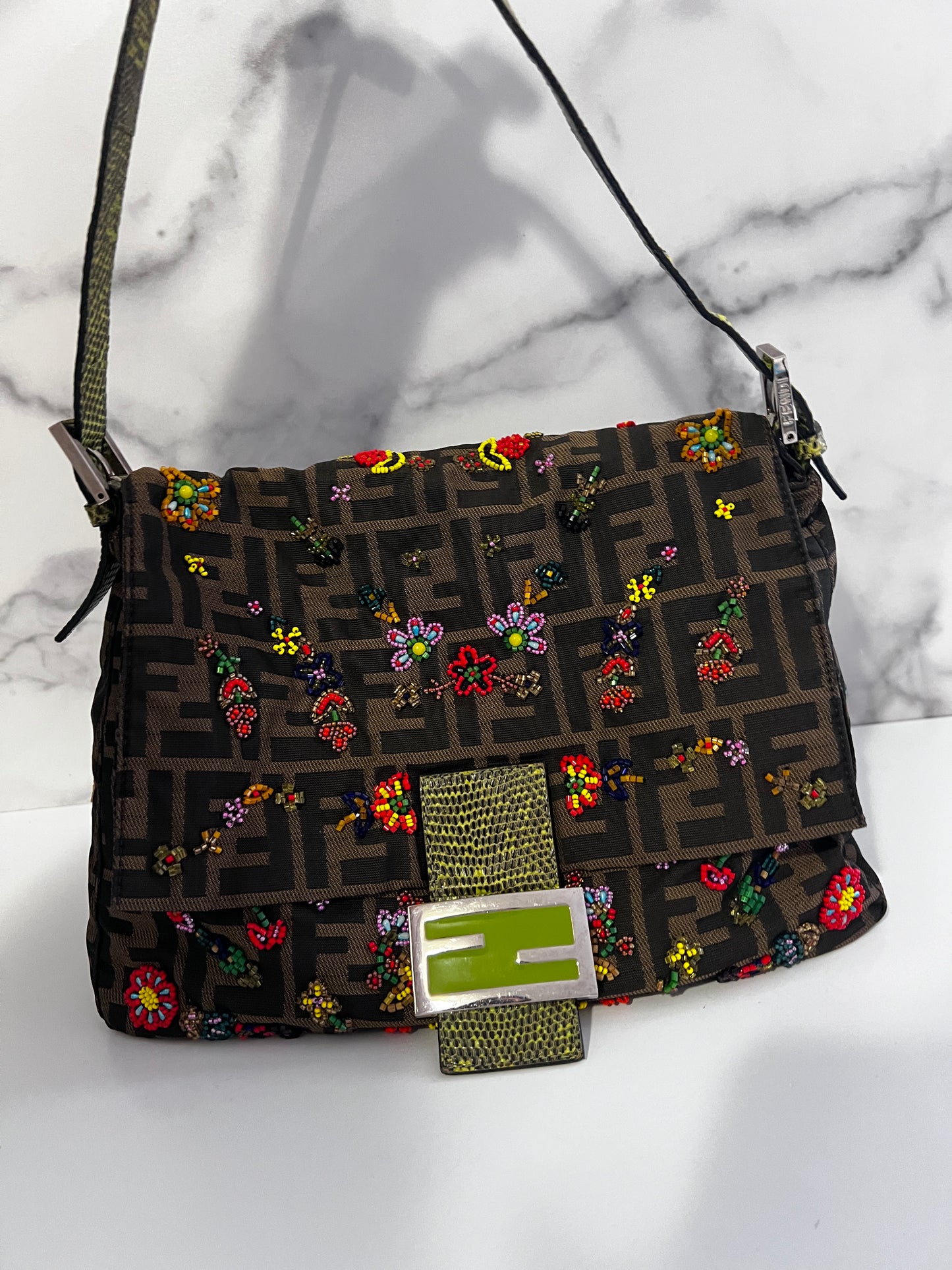 Vintage Fendi floral beaded mamma baguette