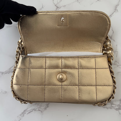 Vintage Chanel 2005 Metallic Gold Chocolate Bar Quilted Triple Chain Mini Flap Bag