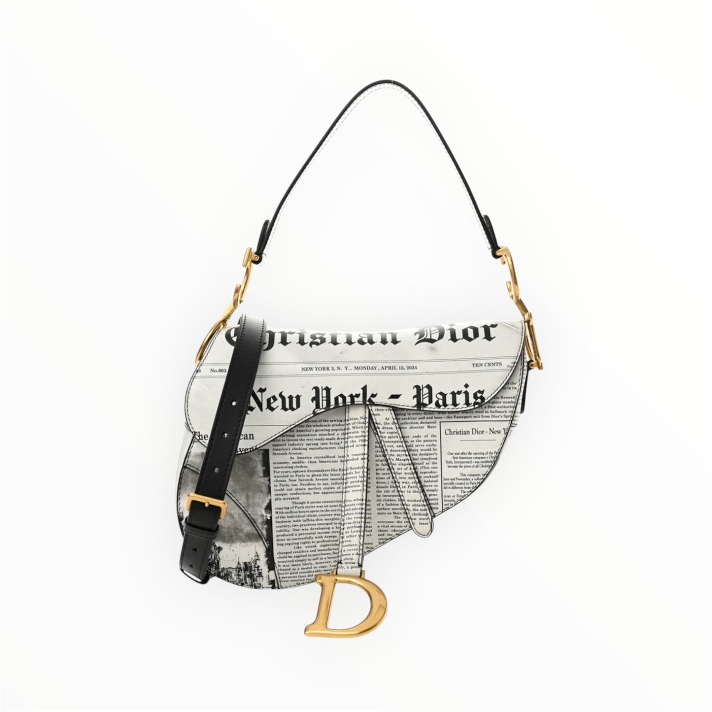 CHRISTIAN DIOR Calfskin Newspaper Printed Saddle Bag With Strap Black White