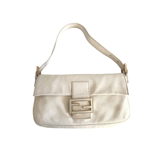 Fendi White Lamb Leather Enamel Buckle Baguette
