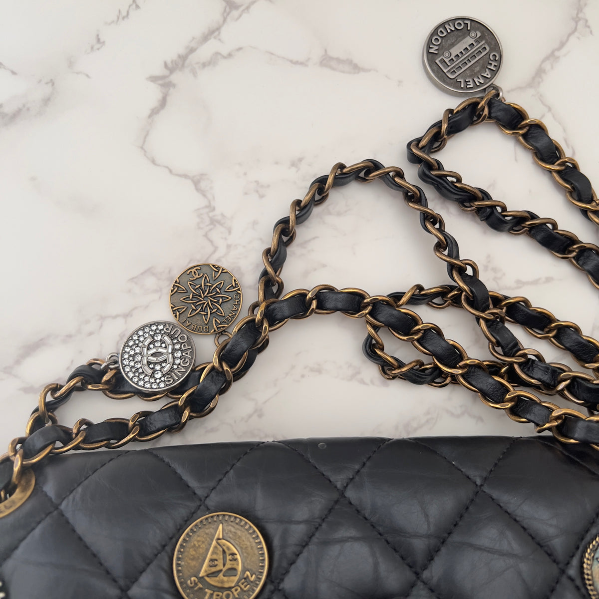 Chanel Vintage Black Quilted Leather Lucky Charms Medium Flap Bag