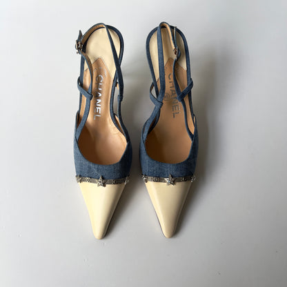 NWOT! Chanel Blue/Cream Denim Leather Crystal Embellished Pointed Toe Slingback Sandals Size6.5