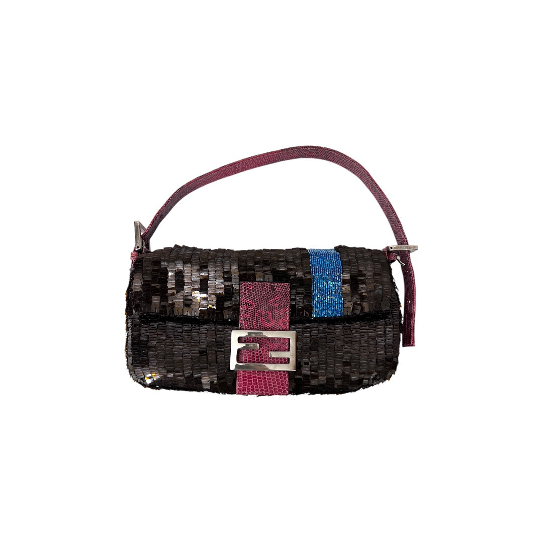 Fendi brown sequin blue stripe baguette