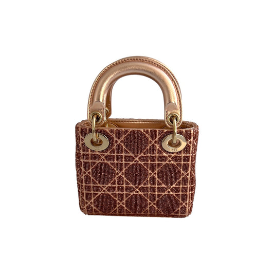 Dior Metallic Rose Beaded Cannage Micro Ladydior bag