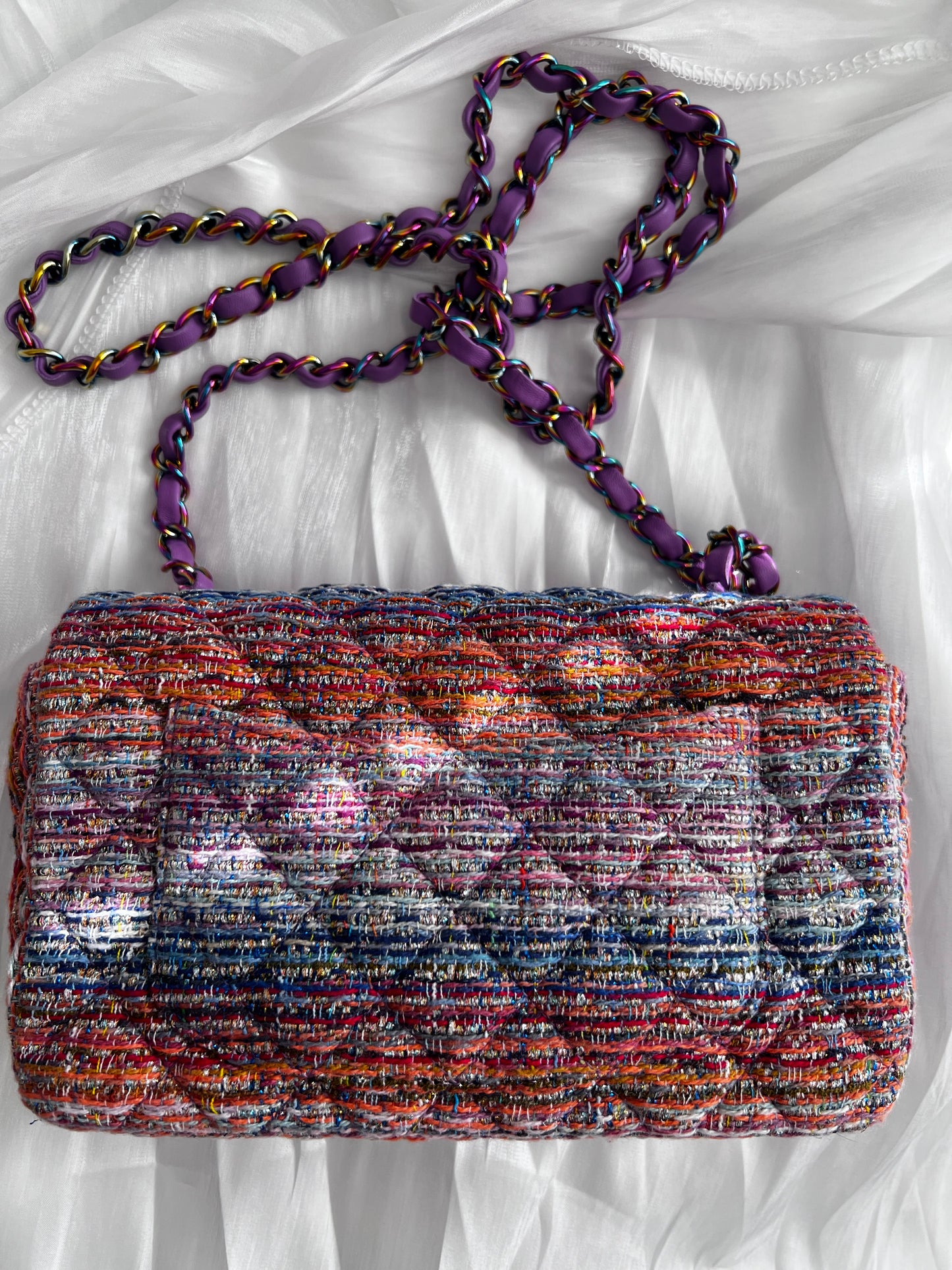 Chanel rainbow tweed iridescent mini rectangle flap bag