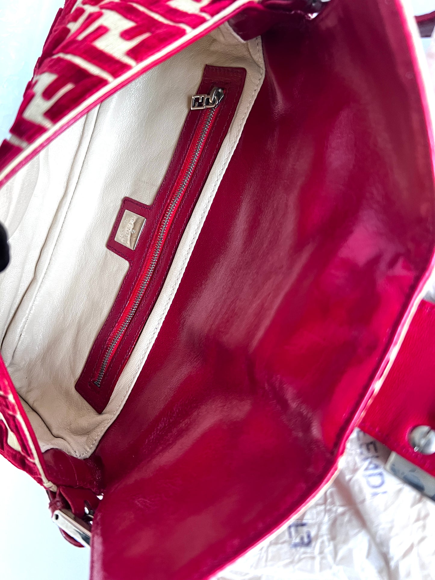 Extremely rare fendi red silk velvet baguette from 1997 by lisio