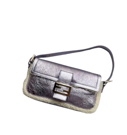 Fendi purple metallic shearling baguette