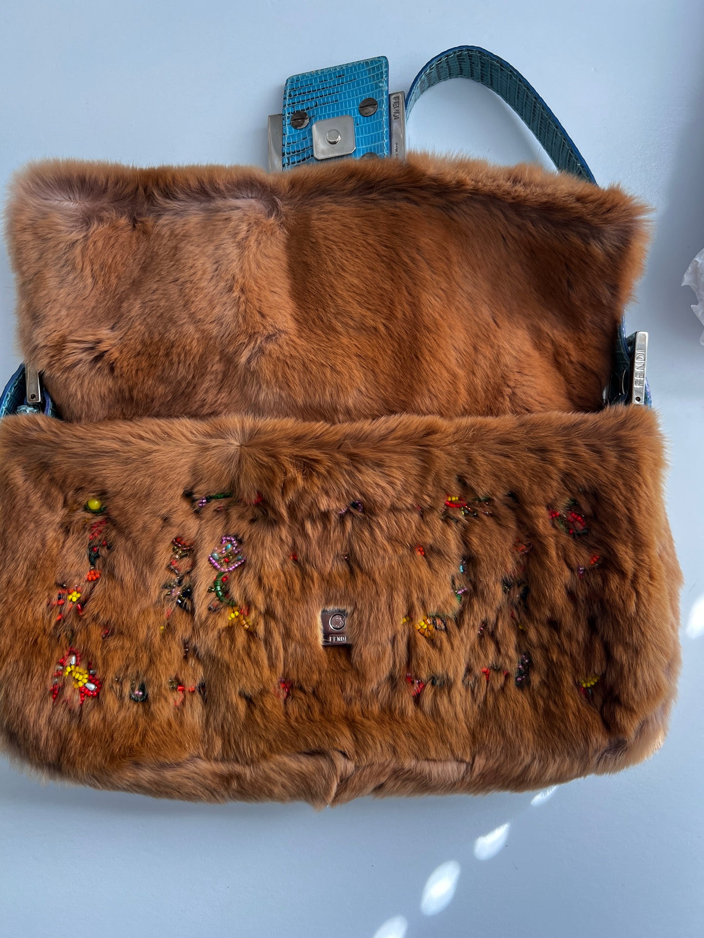 Vintage Fendi caramel rabbit fur beaded baguette