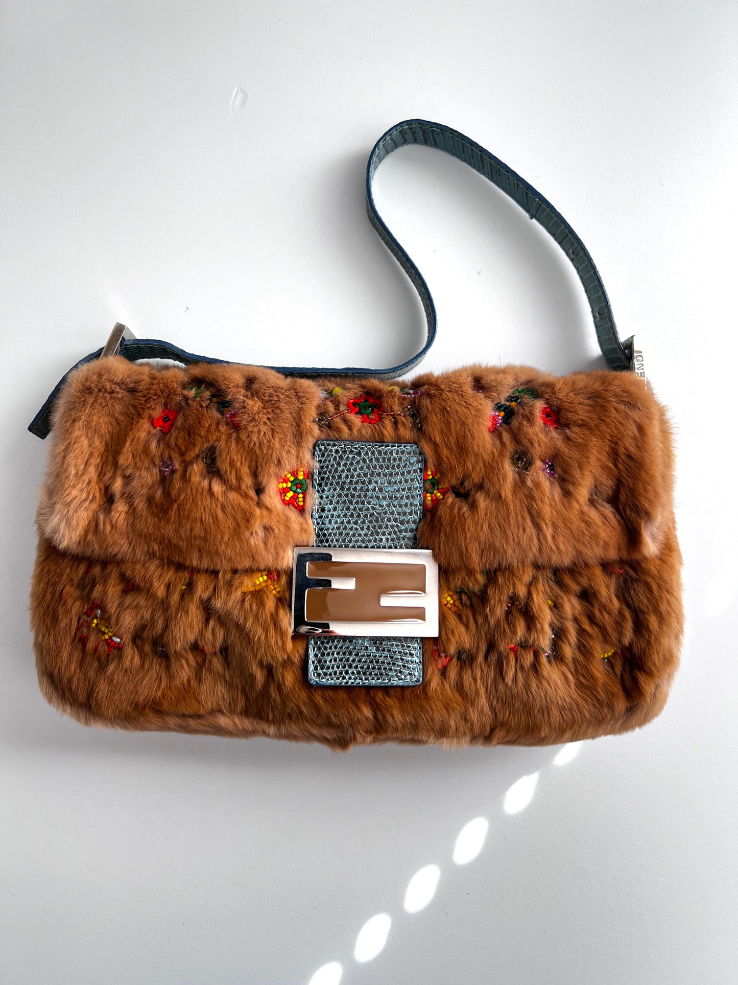 Vintage Fendi caramel rabbit fur beaded baguette