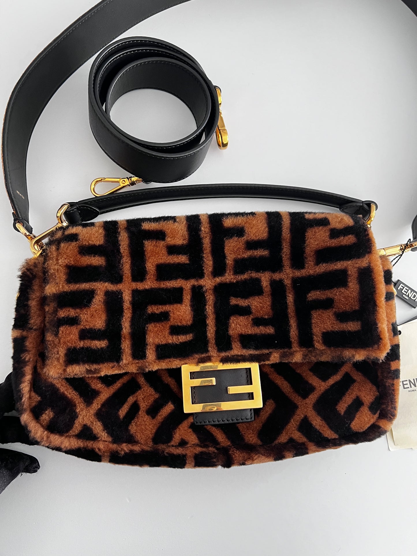 Fendi FF shearling baguette with FF velvet strap