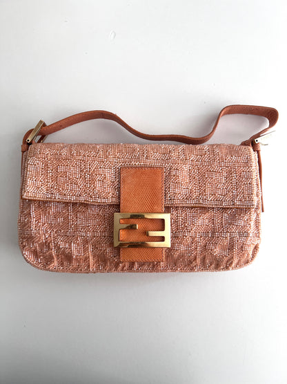 Fendi peach color lizard skin trimmed FF beaded baguette