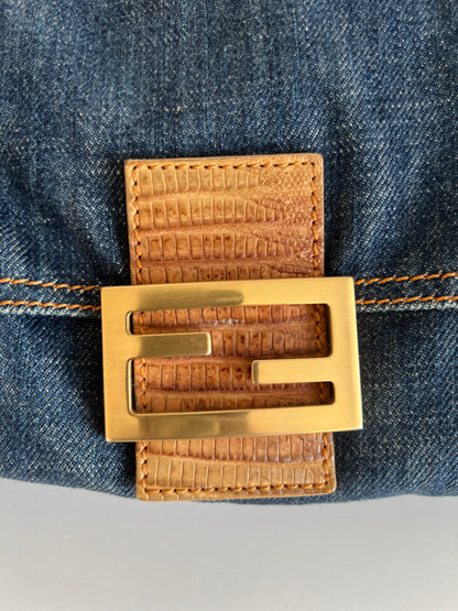 Vintage Fendi lizard skin trimmed denim baguette