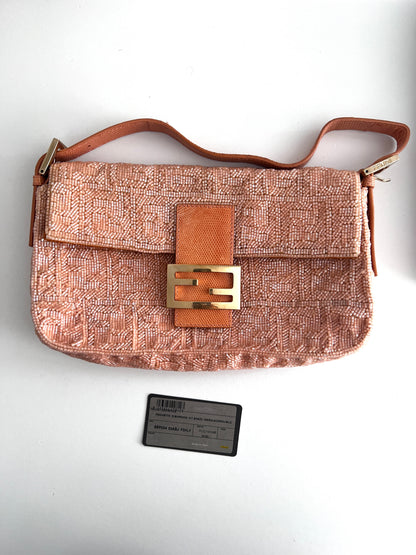 Fendi peach color lizard skin trimmed FF beaded baguette