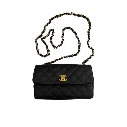 Chanel classic flap mini black satin gold hardware shoulder bag
