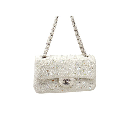 Chanel rain drop white tweed sequin double flap