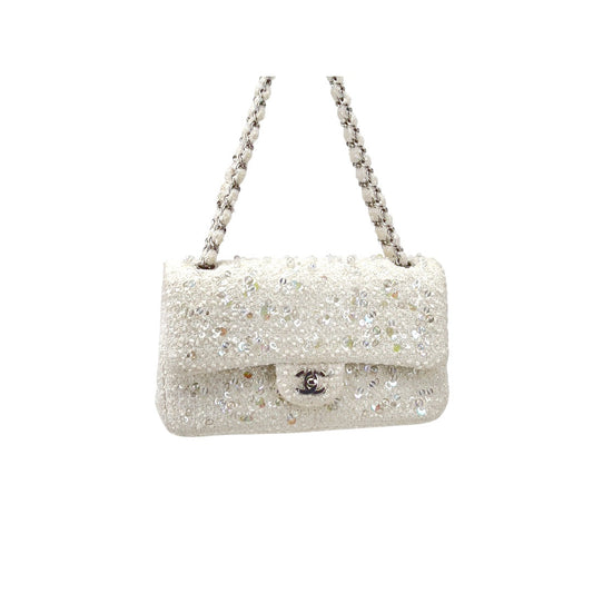 Chanel rain drop white tweed sequin double flap