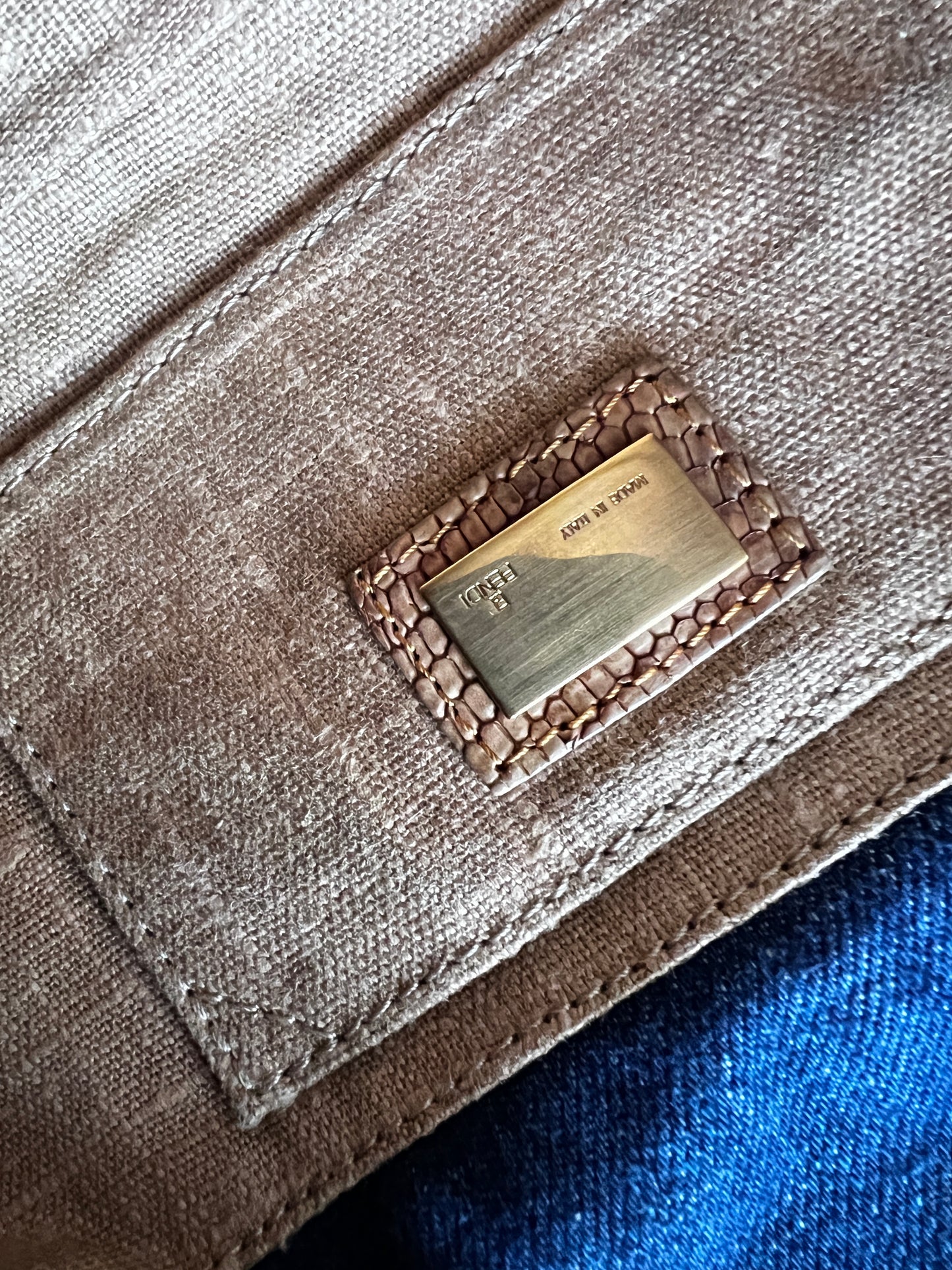 Vintage Fendi lizard skin trimmed denim baguette