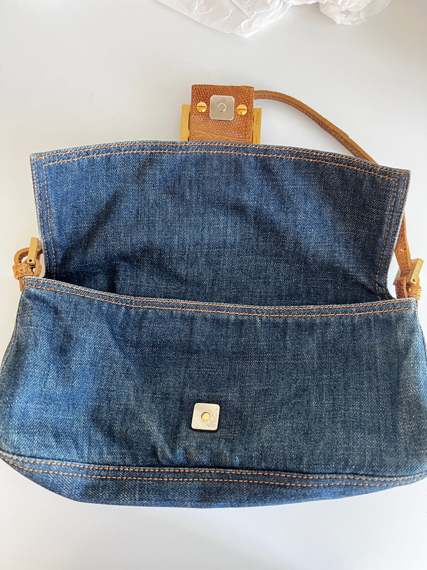 Vintage Fendi lizard skin trimmed denim baguette