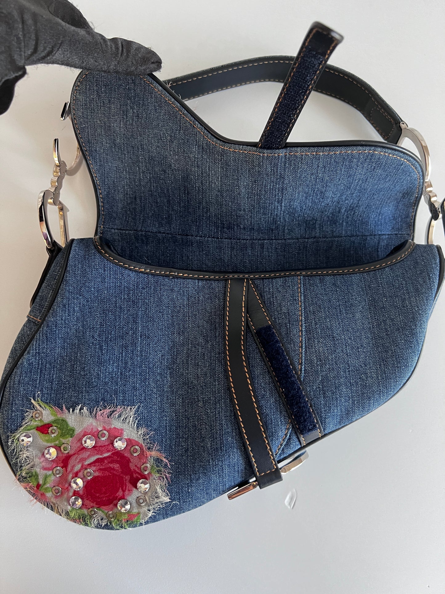 Vintage Dior floral embroidery rhinestone denim saddle bag