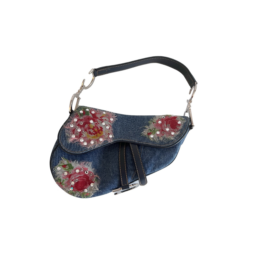 Vintage Dior floral embroidery rhinestone denim saddle bag