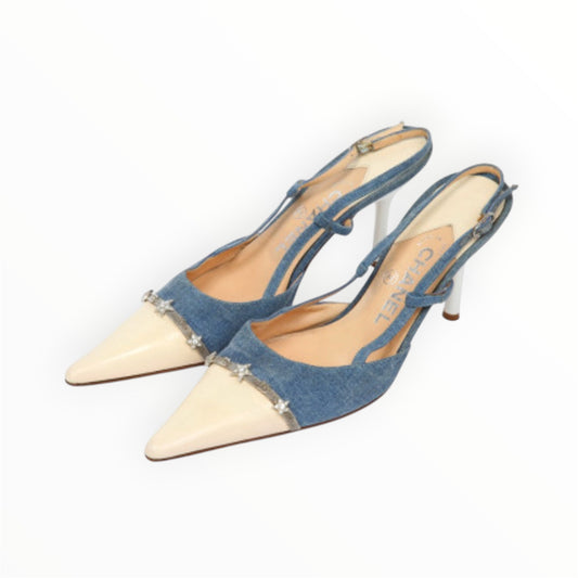 NWOT! Chanel Blue/Cream Denim Leather Crystal Embellished Pointed Toe Slingback Sandals Size6.5