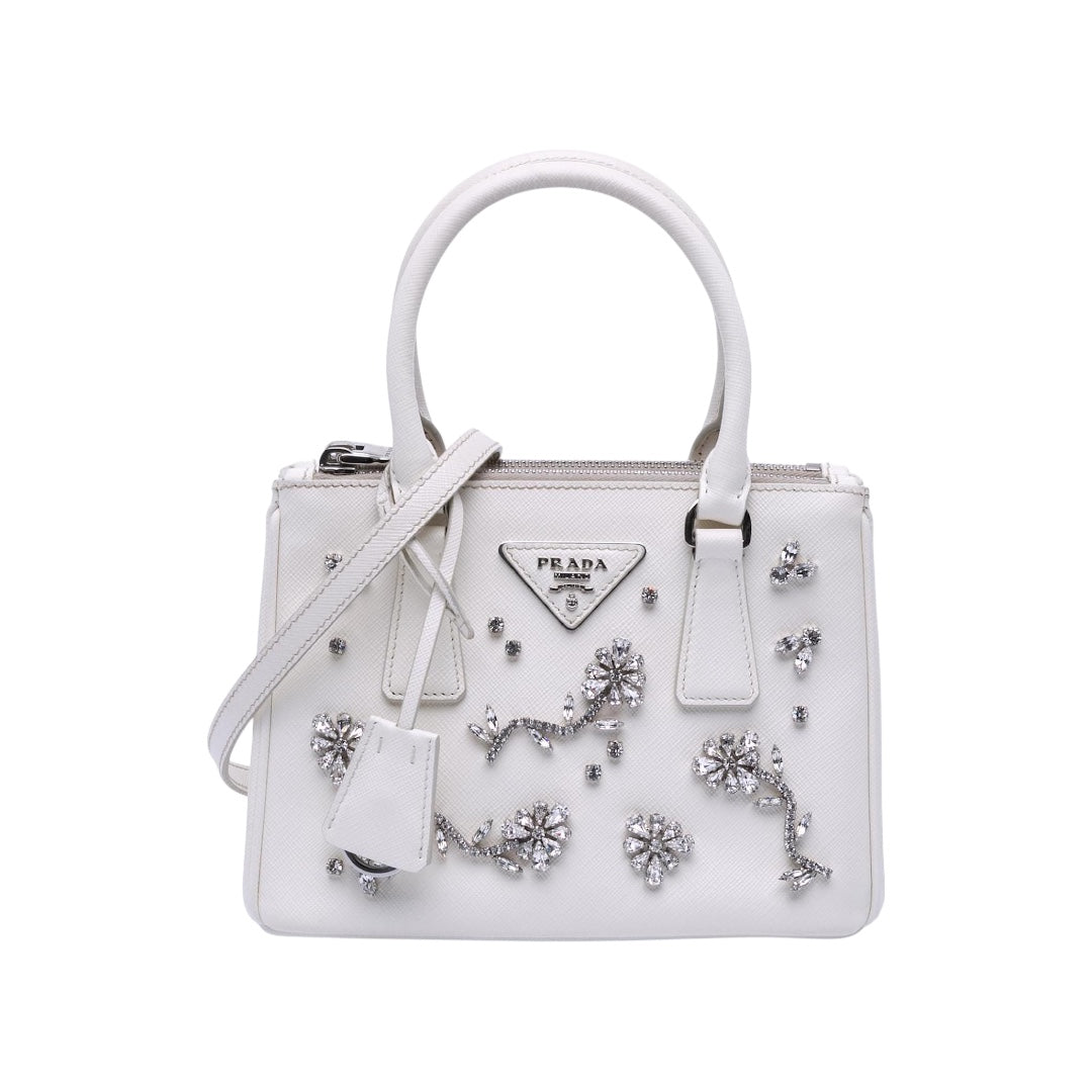 Prada Galleria White Mini Saffiano Lux Crystal Embellished Handbags