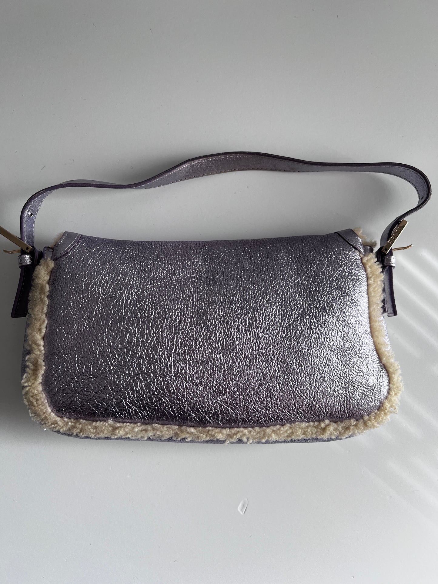 Fendi purple metallic shearling baguette