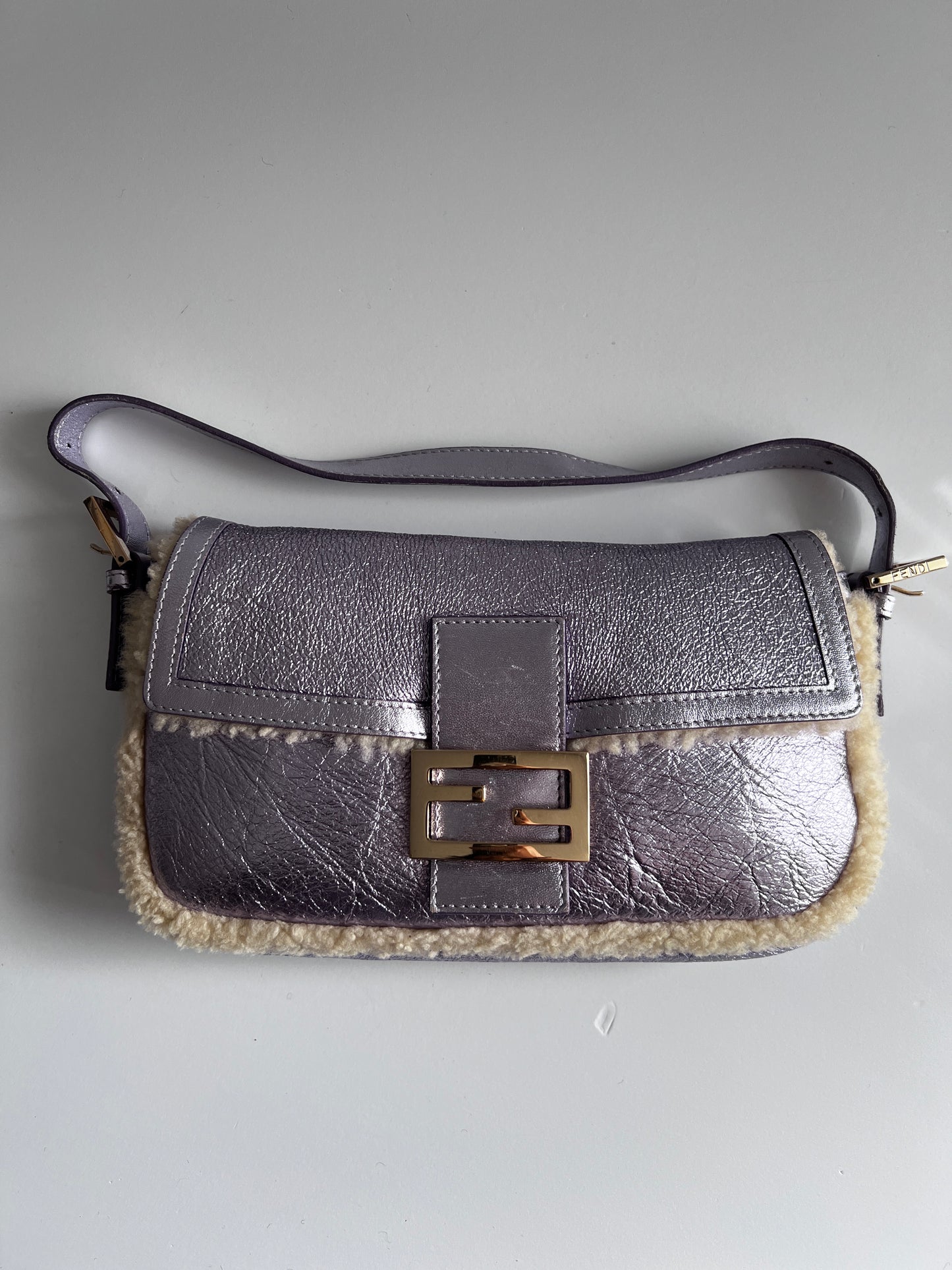 Fendi purple metallic shearling baguette