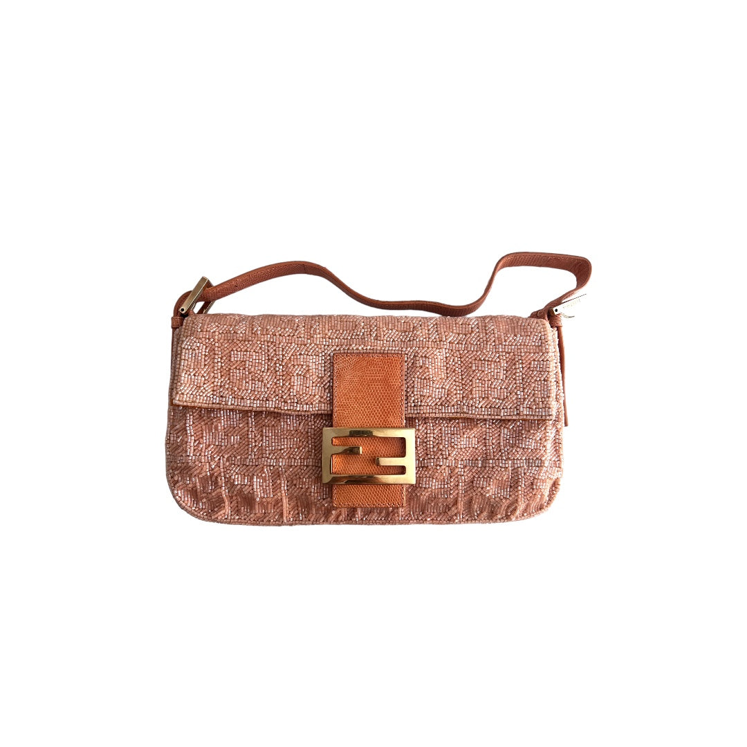 Fendi peach color lizard skin trimmed FF beaded baguette