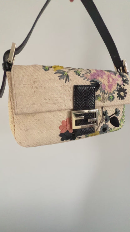 Fendi Raffia Floral Embroidered Baguette Bag